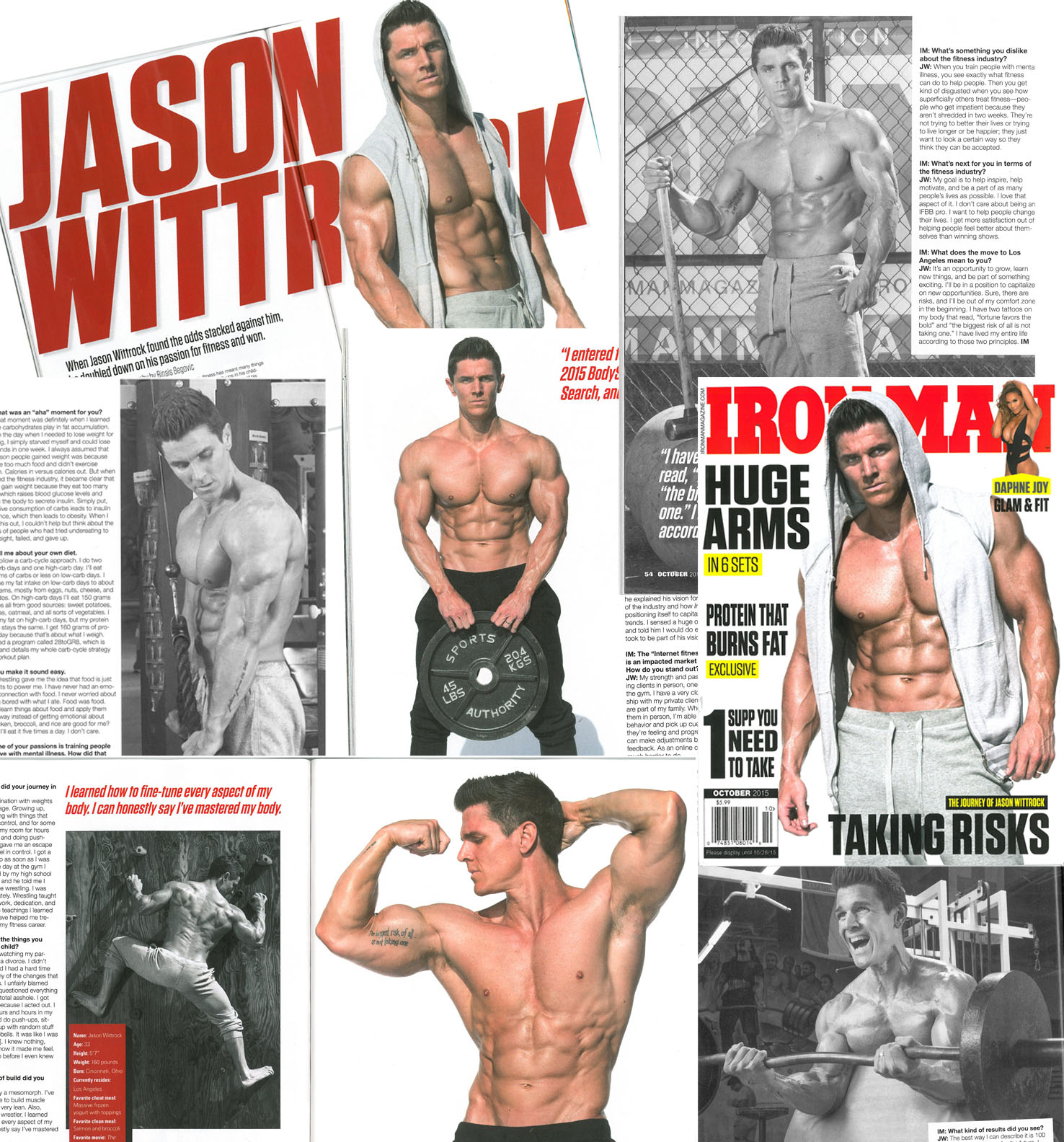 Collage of Jason Wittrock’s feature in Iron Man magazine, including the magazine cover